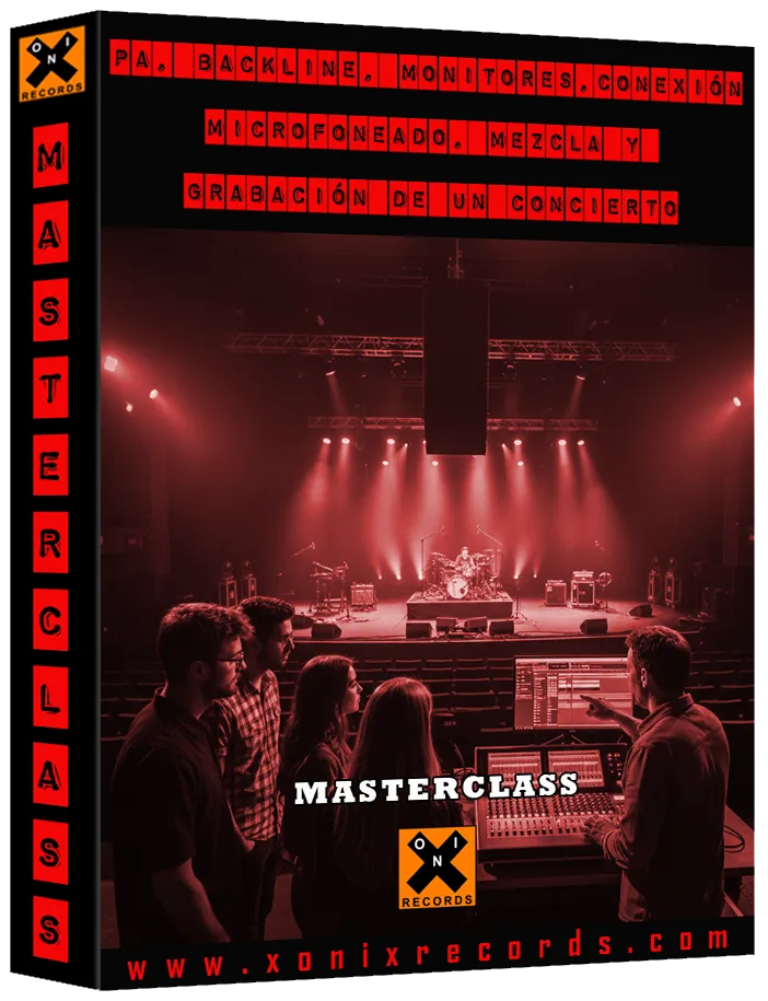 Arte de la masterclass «PA, backline, monitores, conexión, microfoneado, mezcla y grabación de un concierto»